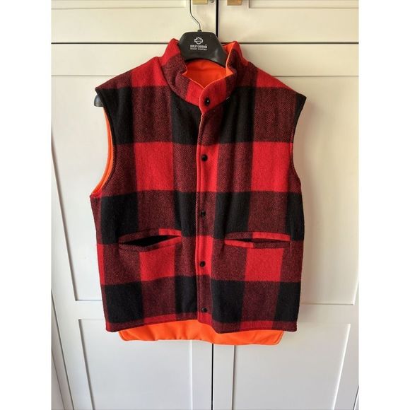Vtg WOOLRICH Reversible Buffalo Plaid Mackinaw Orange Hunting Vest/Jacket M/L - Picture 2 of 10
